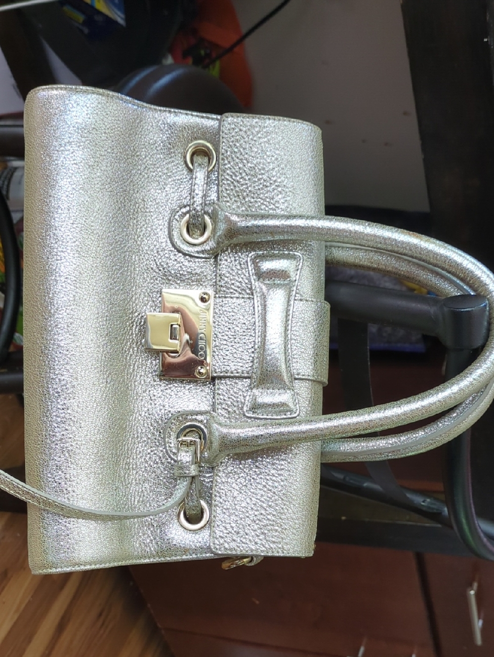 Metallic Silver Satchel Handbag with Turn-Lock Detail